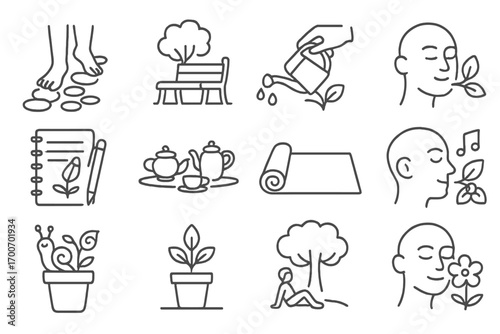 Garden Wellness Icons. Line style icons of garden wellness: barefoot walk path, peaceful garden bench, mindful watering, leaf