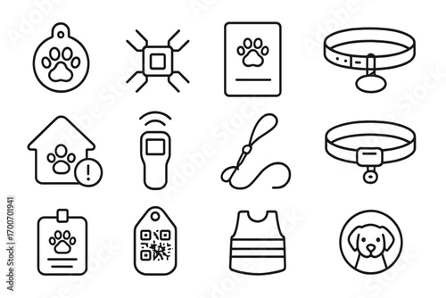 Pet Safety Icons. Line style icons of pet identification and safety: ID tag, microchip icon, pet passport, nameplate collar; lost
