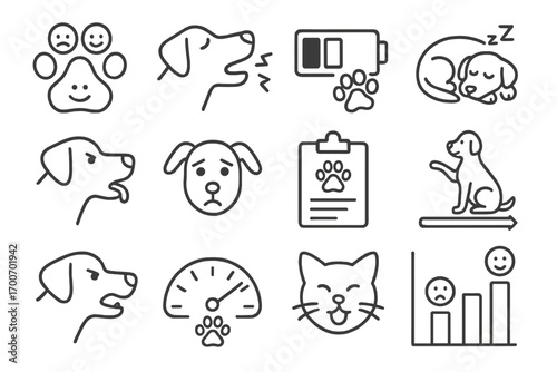 Pet Behavior Icons. Line style icons of pet behavior monitoring: mood paw, barking alert, energy level icon, sleep tracker; hunger