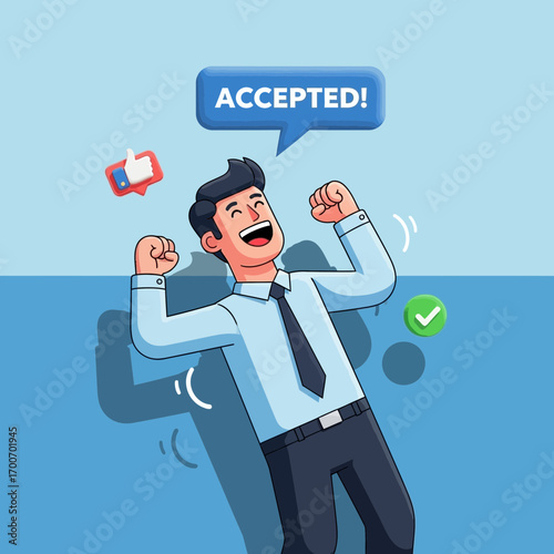 Man celebrating success with accepted notification and thumbs up.