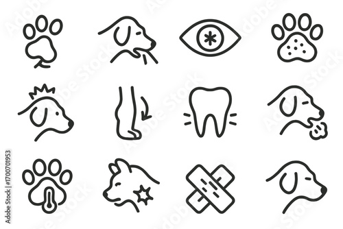 Pet Health Icons. Line style icons of pet medical conditions: limping paw, vomiting icon, red eye symbol, rash paw; seizure alert,