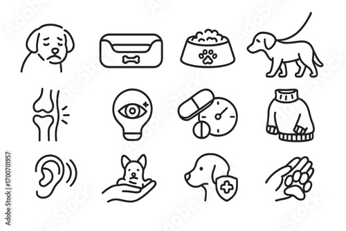 Senior Pet Care Icons. Line style icons of senior pet care: aging pet icon, orthopedic bed, special diet bowl, slow walk leash;