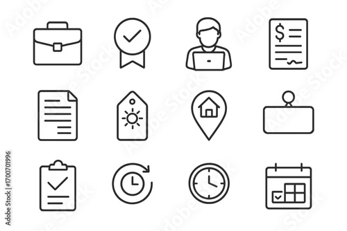 Employment Type Icons. Line style icons of employment types: full-time icon, part-time badge, freelance icon, contract document;