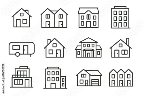Residential Icon Collection. Line style icons of residential types: single family house, duplex, townhouse, apartment building;