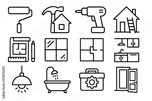 Home Improvement Icons. Line style icons of home improvement: paint roller, hammer with house, drill icon, ladder near home;