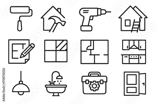 Home Improvement Icons. Line style icons of home improvement: paint roller, hammer with house, drill icon, ladder near home;