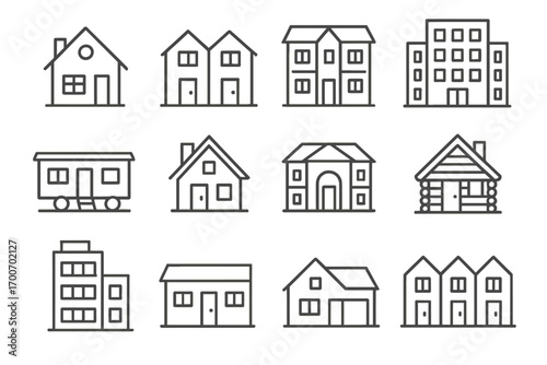 Residential Icon Collection. Line style icons of residential types: single family house, duplex, townhouse, apartment building;