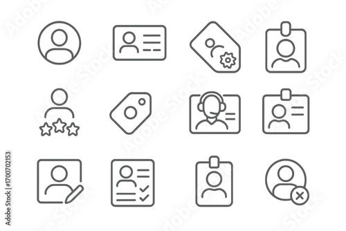 Customer Profile Icons. Line style icons of customer profiles: user avatar, profile card, contact record, address book; loyalty