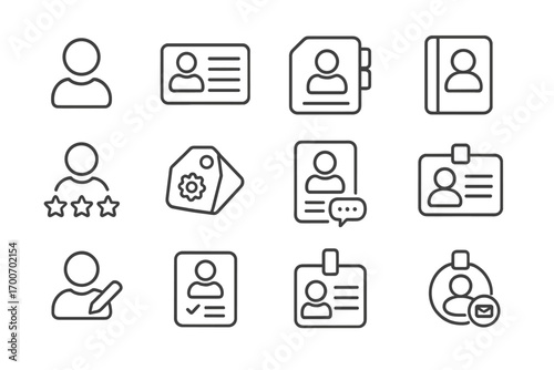 Customer Profile Icons. Line style icons of customer profiles: user avatar, profile card, contact record, address book; loyalty