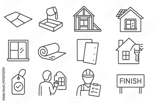 Construction Stage Icons. Line style icons of construction stages: land plot, foundation pour, wall frame, roofing icon; window