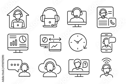 Remote Support Icons. Line style icons of remote customer service: home agent icon, headset at desk, virtual call, remote CRM;