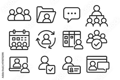 Team Collaboration Icons. Line style icons of project team collaboration: group of users, shared folder, messaging bubble, team