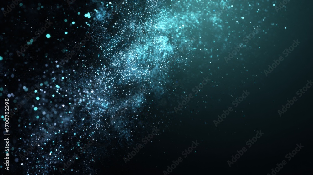 Naklejka premium Dark background with subtle glowing particles like digital stardust, minimal futuristic composition, large negative space for NFT branding or artwork, 16:9