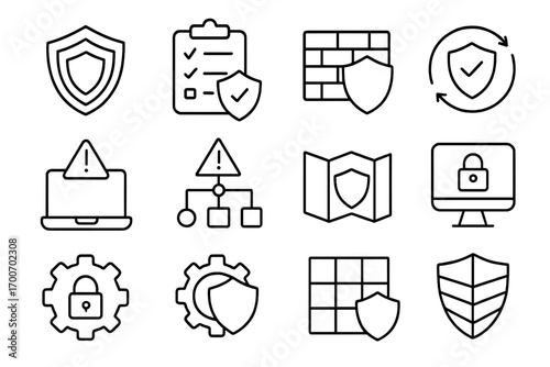 Digital Defense Icons. Line style icons of digital defense strategy: layered shield, security plan icon, layered firewall,