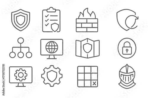 Digital Defense Icons. Line style icons of digital defense strategy: layered shield, security plan icon, layered firewall,