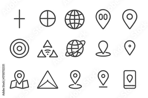 Geolocation Line Icons. Line style icons of geolocation and coordinates: longitude icon, latitude icon, globe grid, coordinates