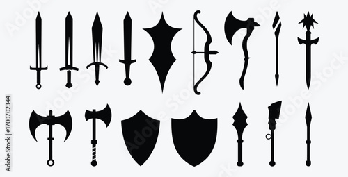 Medieval Weapons Collection Silhouettes Sword Axe Shield Bow Lance Staff Design