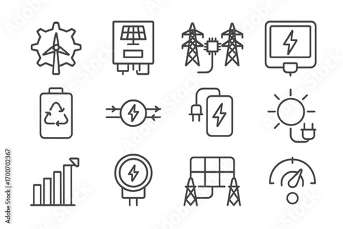 Clean Energy Icons. Line style icons of clean energy tools: windmill gear, solar inverter, smart grid, energy monitor; eco battery