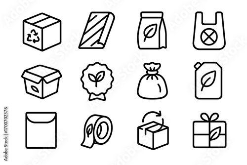 Eco Packaging Icons. Line style icons of eco packaging: recyclable box, paper wrap, biodegradable packaging, no plastic bag; plant