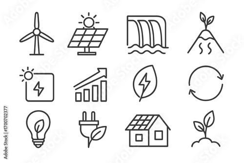 Renewable Energy Icons. Line style icons of renewable energy: wind turbine, solar panel, hydro power, geothermal icon; solar