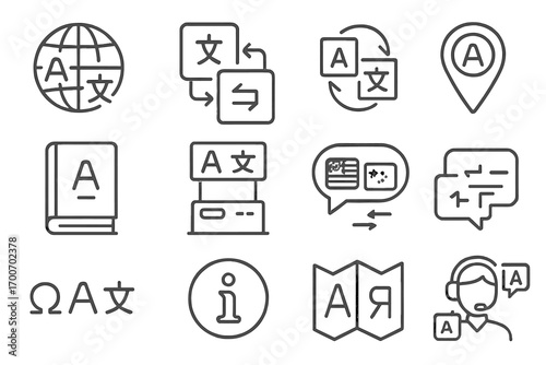 Multilingual Icon Set. Line style icons of multilingual signage: globe with letters, translation icon, bilingual sign, language