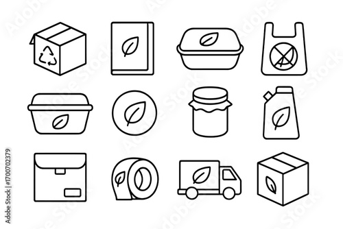 Eco Packaging Icons. Line style icons of eco packaging: recyclable box, paper wrap, biodegradable packaging, no plastic bag; plant