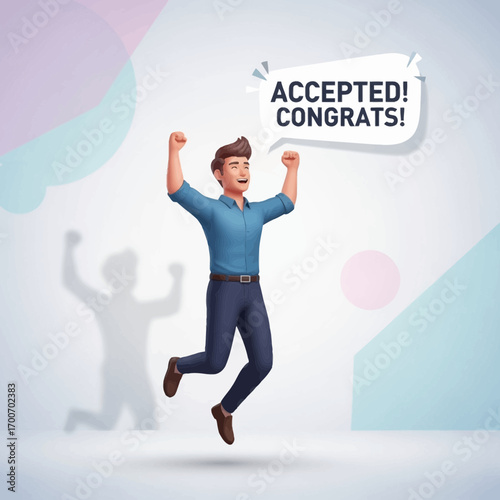 Man jumping with joy celebrating acceptance and congratulations