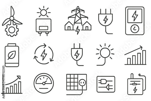 Clean Energy Icons. Line style icons of clean energy tools: windmill gear, solar inverter, smart grid, energy monitor; eco battery