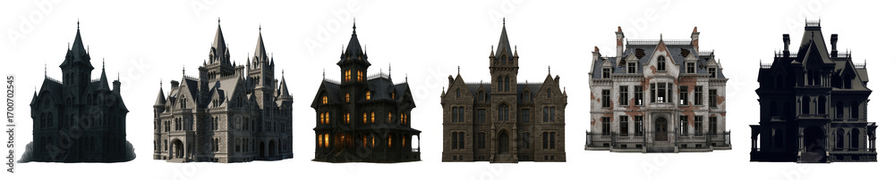 Naklejka premium Gothic mansions set including Victorian, haunted, dilapidated, and historic architecture isolated. Design elements for fantasy and horror.