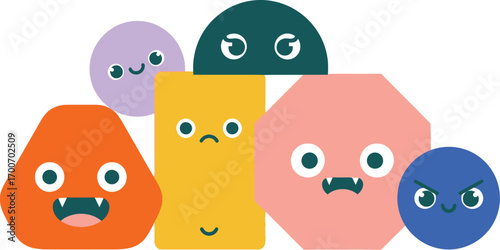 Colorful geometric shapes with cute and quirky cartoon faces expressing different emotions