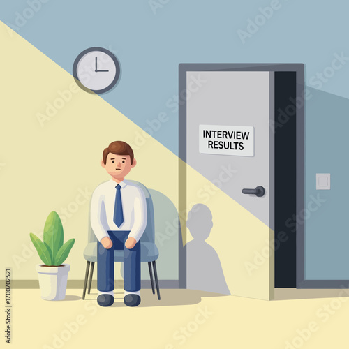 Man waits in office hallway near door and clock.