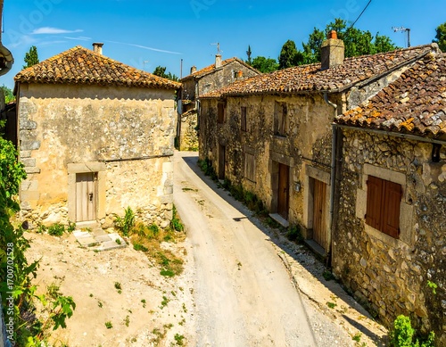 Fototapeta Naklejka Na Ścianę i Meble -  Sunny, narrow street in a French village, aged stone buildings
