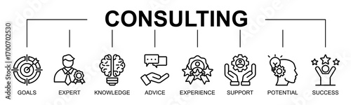 Consultingbanner web icon vector illustration concept with icon of consulting, goals, expert, knowledge, advice, experience, support
