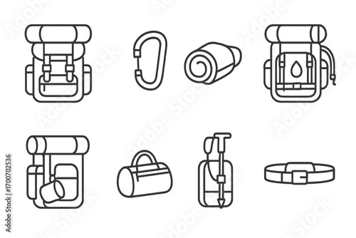 Backpacking Icon Collection. Line style icons of backpacking: large backpack, side pockets, carabiner hook, packed tent; rolled