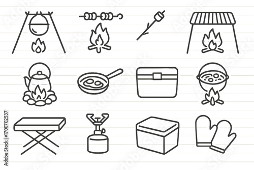 Outdoor Cooking Icons. Line style icons of outdoor cooking: tripod pot, skewers over fire, marshmallow stick, grill rack; kettle