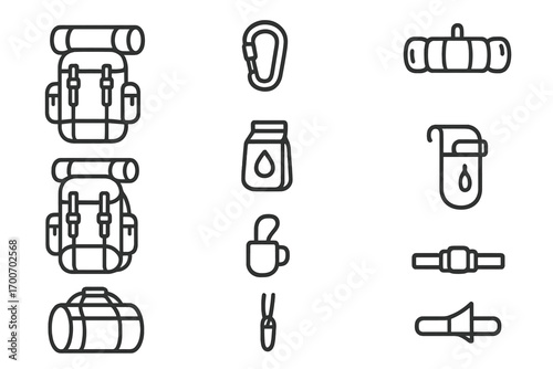 Backpacking Icon Collection. Line style icons of backpacking: large backpack, side pockets, carabiner hook, packed tent; rolled