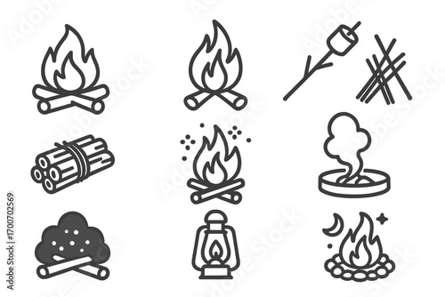 Campfire Icon Illustrations. Line style icons of campfire scenes: log circle, tall flames, marshmallow icon, stick bundle; fire