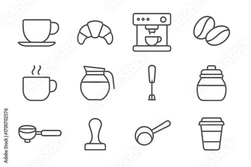 Coffee Essentials Icons. Line style icons of coffee essentials: coffee cup, croissant, espresso machine, coffee beans; steaming