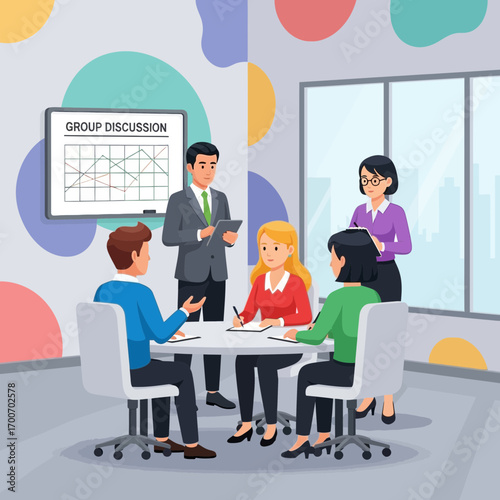 People in a meeting room discussing a presentation on a whiteboard.