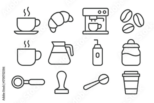 Coffee Essentials Icons. Line style icons of coffee essentials: coffee cup, croissant, espresso machine, coffee beans; steaming
