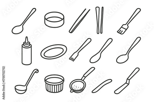 Plating Tools Icons. Line style icons of meal plating tools: sauce spoon, ring mold, tweezer tongs, plating brush; squeeze bottle,