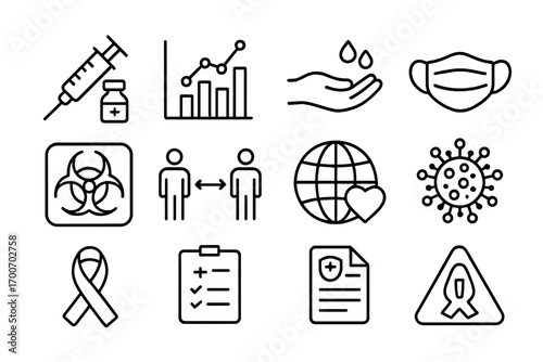 Public Health Icons. Line style icons of public health: vaccine campaign, health statistics, handwashing, mask icon; quarantine