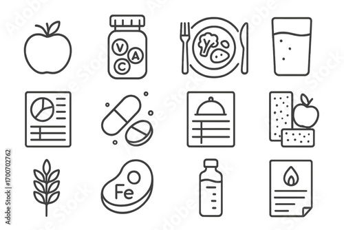 Nutrition Icons Collection. Line style icons of nutrition and health: apple, vitamins bottle, food plate, water glass; nutrition