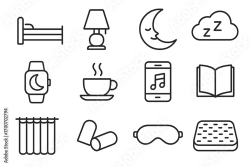 Sleep and Recovery Icons. Line style icons of sleep and recovery: bed, night lamp, moon icon, Zzz cloud; sleep tracker, calming