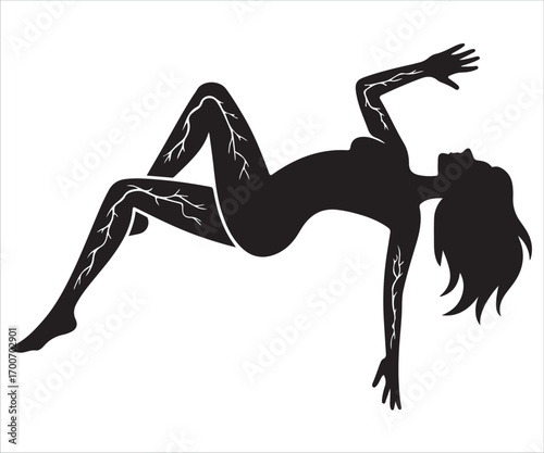 Vector silhouette of woman body struck by electric current with pain nerves illustration