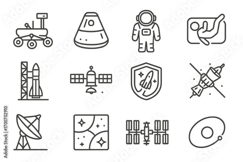 Space Research Icons. Line style icons of space research: Mars rover, space capsule, astronaut, zero gravity test; launchpad,