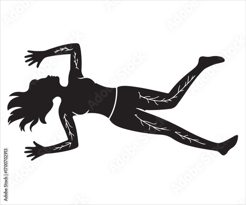 Silhouette of woman experiencing electric shock with highlighted nervous system pain illustration, body outline symbolizing danger, accident, emergency, medical health risk, safety hazard, vector grap