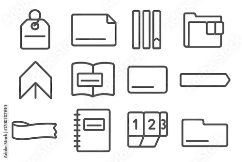 School Label Icons. Line style icons of school labels and tags: name tag, subject label, index sticker, color-coded tab; page