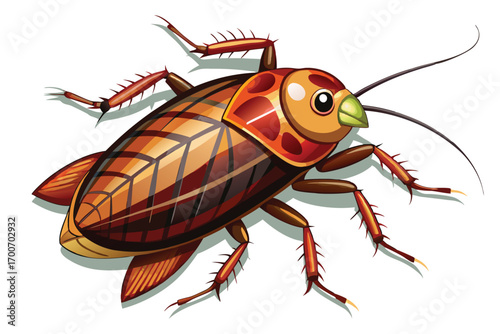 Detailed Illustration of a Brown and Orange Cockroach with Spiked Legs and Long Antennae Crawling on a White Surface