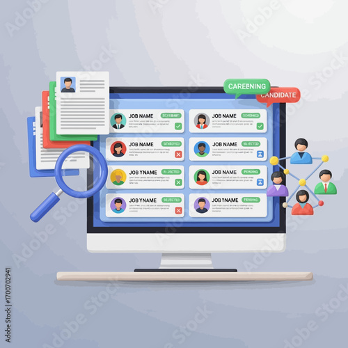 Computer screen displays job applications with magnifying glass and people icons.
